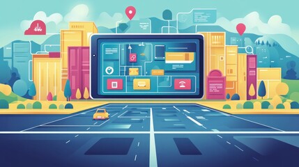 Urban Digital Tablet Interface, City Street View, Interactive Navigation, Data Flow Background