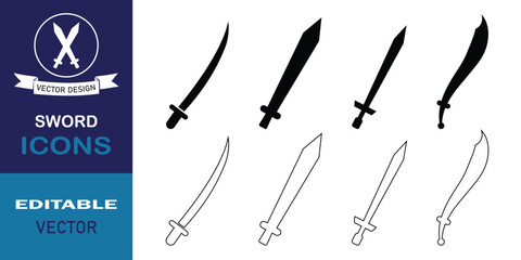 Poster - Sword icon set. Simple shape for sword silhouette symbol website design. Set of sword and weapon fill or outline vector, icon isolated on white background. Swords shape icon sign symbol. Vector image.