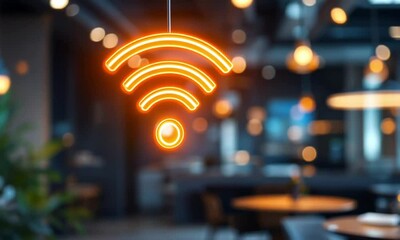 Poster - Glowing Wifi Signal: An illuminating Wifi symbol lights up, suggesting a modern connection within a comfortable indoor scene, symbolizing seamless access to the network.