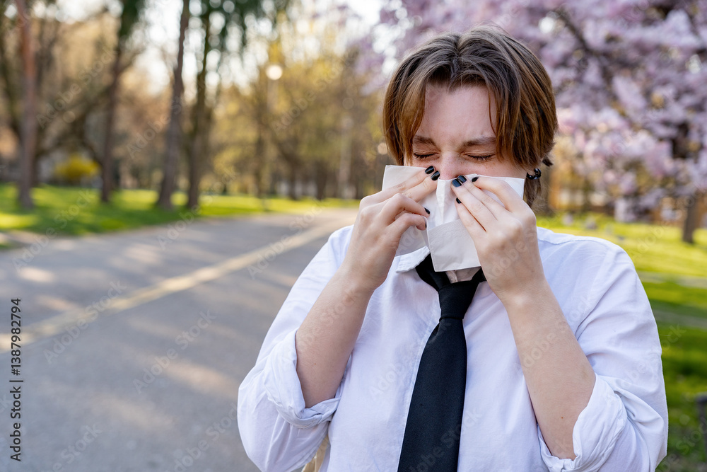 Teenage girl sneezing and blowing her nose during spring blossom due to ...
