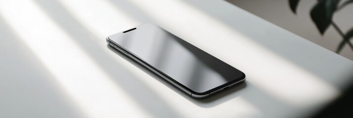 Leinwandbilder - Modern smartphone resting elegantly on a white surface under soft lighting, showcasing minimalist design in a contemporary setting