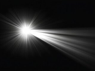 Poster - White light effect, a white beam of rays on a black background. Vector glowing spotlight or sunlight with lens flare. Abstract dynamic flash lighting and glow texture for design. Isolated.