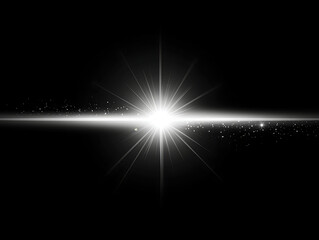 Poster - White light effect, a white beam of rays on a black background. Vector glowing spotlight or sunlight with lens flare. Abstract dynamic flash lighting and glow texture for design. Isolated.