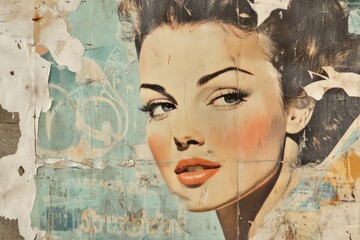  Beautiful female face shown on a weathered vintage advertising poster