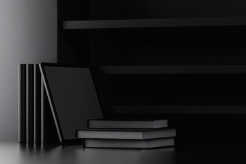 Poster - Stylish monochrome background featuring books and a digital tablet for educational inspiration in a professional setting