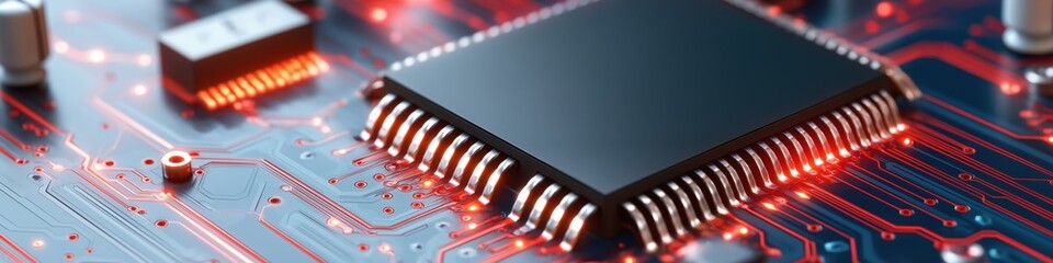 Poster - A close up of a computer chip with a red background. The chip is black and has a lot of red lines on it