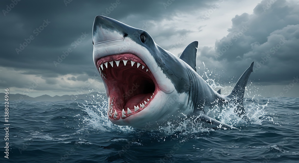 Great White Shark Breaching Ocean Surface with Open Mouth and Teeth ...