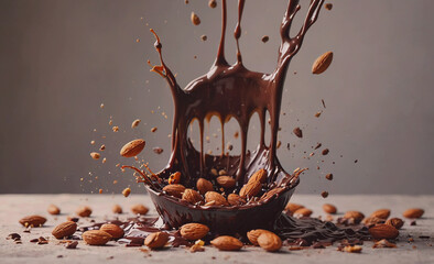 Aufkleber - Chocolate fountain with almonds and chocolate drizzling out of it. The chocolate is splashing out of the bowl and onto the table