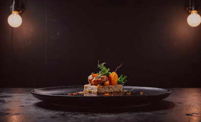 Aufkleber - Plate of food with a piece of meat and vegetables on it. The plate is black and the food is orange