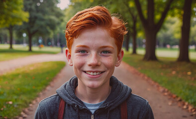 Aufkleber - Boy with red hair is smiling and wearing a black hoodie. He is standing on a path in a park
