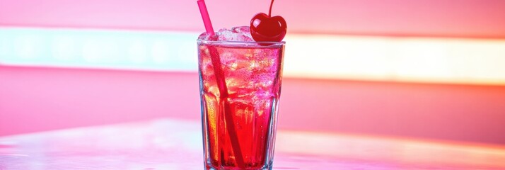 Poster - Delicious vintage diner-style soda with cherry on top under glowing neon lights