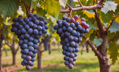 Poster - Two clusters of grapes are hanging from a vine, with each cluster containing numerous grapes. The grapes are a deep purple color and are ripe for picking. The vine is lush and green, providing a