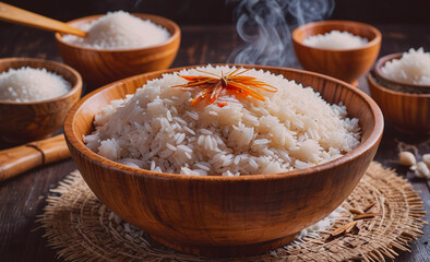 Aufkleber - Bowl of white rice with a red flower on top. There are other bowls of rice in the background