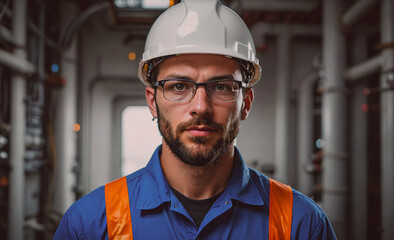 Poster - Man wearing a blue shirt and orange vest. He is wearing a hard hat