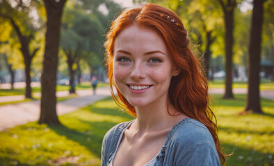 Aufkleber - Woman with red hair and green eyes is smiling. She is wearing a blue shirt. The background is green and has trees