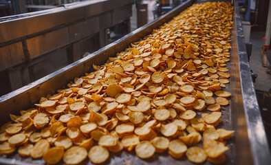 Poster - Conveyor belt with a pile of chips on it. The chips are golden brown and appear to be potato chips
