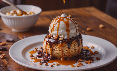 Poster - Dessert with a chocolate topping and a scoop of ice cream on top. The dessert is served on a white plate