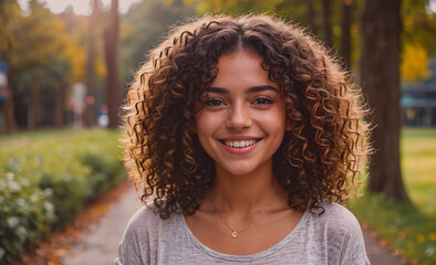 Poster - Woman with curly hair is smiling and wearing a necklace. She is standing in a park. The necklace is silver and has a heart-shaped pendant