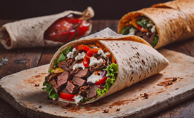 Aufkleber - Burrito with meat and lettuce is on a wooden table. There is a bottle of ketchup next to it