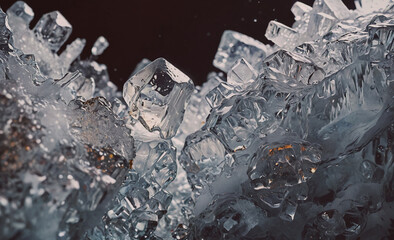 Poster - Large block of ice with many small ice cubes. The ice is in a pile and is surrounded by a dark background