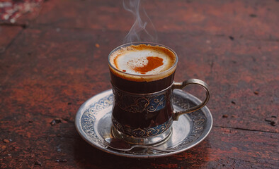 Aufkleber - Cup of coffee with steam coming out of it. The cup is on a silver plate. The plate is on a wooden table