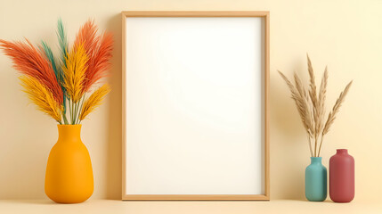 Poster - Modern Mockup Frame with Colorful Vases and Dried Plants