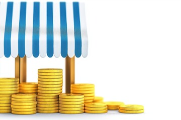 Poster - 3D Mobile Commerce Checkout Screen with Coins and Storefront Illustration for Digital Payment Solutions