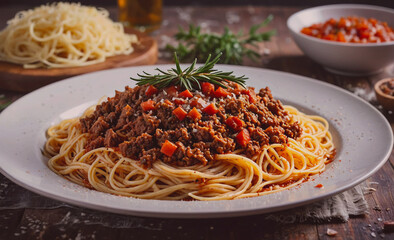 Aufkleber - Plate of spaghetti with meat sauce and vegetables. The sauce is red and has a lot of meat