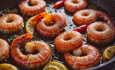 Poster - Plate of shrimp with lemon wedges. The shrimp are in a pan with a sauce. There are many shrimp on the plate