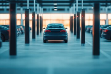 Poster - car-sharing station with multiple cars lined up captured from clean top-down drone perspective with ample copy space