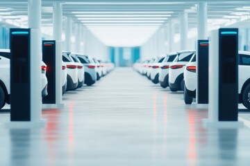 Poster - car-sharing station with multiple cars lined up captured from clean top-down drone perspective with ample copy space