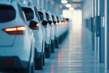 Poster - car-sharing station with multiple cars lined up captured from clean top-down drone perspective with ample copy space