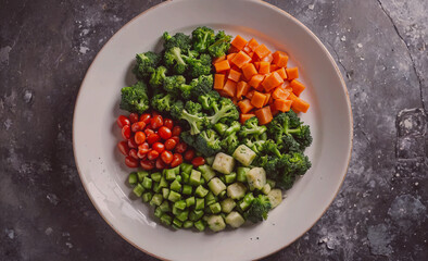 Poster - Plate of vegetables including broccoli, carrots, tomatoes, and cucumbers. The plate is white and has a grey background