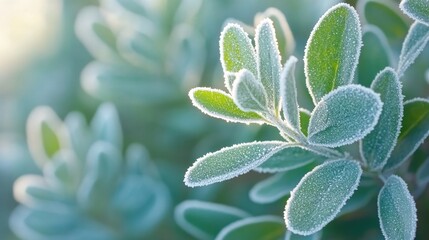 Poster - close-up of winter garden plants with delicate frost-covered leaves glistening in soft morning light