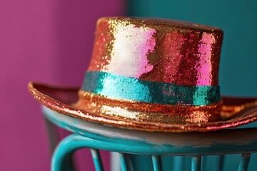 Poster - close-up photo of colorful vintage circus clown top hat resting on chair with sequins in focus leaving ample copy space