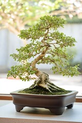 Poster - detailed view of bonsai display in tranquil setting intricate craftsmanship highlighted with space f