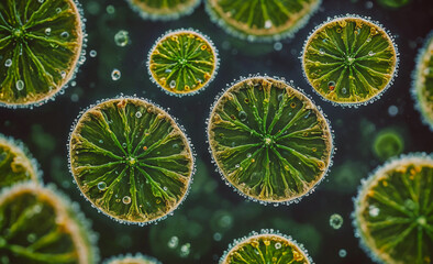 Poster - Close up of a green plant with many small green circles. The circles are filled with water