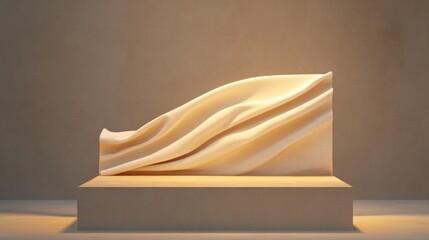 Poster - podium covered in soft cashmere fabric highlighted with warm lighting showcasing gentle folds and te