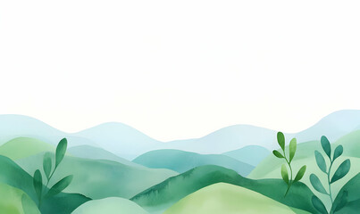 Poster - Vibrant Watercolor Landscape with Textured Green Mountains and Plants
