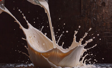 Poster - Splash of milk is pouring out of a glass. The milk is white and is splashing out of the glass