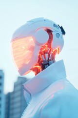 Poster - striking portrait of cyborg human with seamless technology integrated into their skin showcasing intricate cybernetic