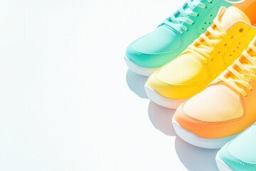 Poster - vibrant photo of colorful sneakers arranged diagonally on pristine white background illuminated by s