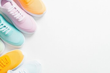 Poster - vibrant photo of colorful sneakers arranged diagonally on pristine white background illuminated by s