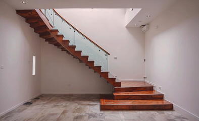 Poster - Staircase made of wood and glass. The staircase is in a room with white walls