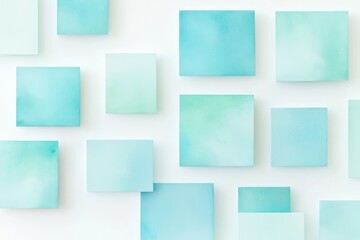 Poster - geometric arrangement of abstract squares in varying shades of blue and green on white background