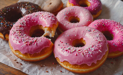 Poster - Row of donuts with pink frosting and sprinkles. One of the donuts has been partially eaten