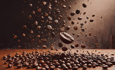Aufkleber - Pile of coffee beans with one bean in the middle. The beans are scattered all over the table