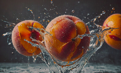 Poster - Three juicy, ripe oranges are floating in a bowl of water, creating a beautiful and refreshing scene. The water is splashing out of the bowl, creating a sense of movement and energy