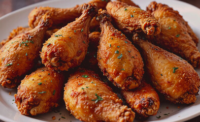 Poster - Plate of fried chicken with parsley on top. The chicken is cut into pieces and is piled on top of each other