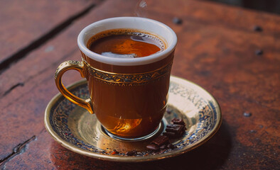 Aufkleber - Cup of coffee is sitting on a saucer. The saucer is gold and has a design on it